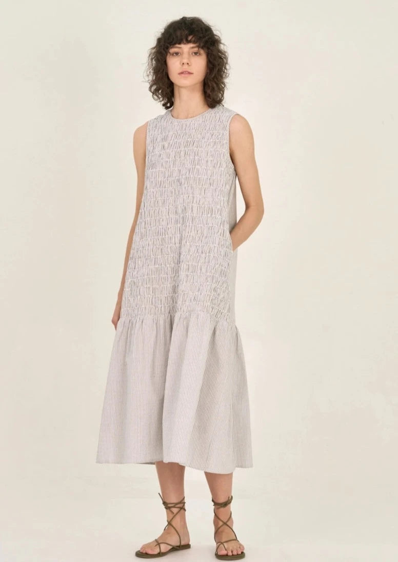 Lanny Pinstripe Smocked Midi Dress