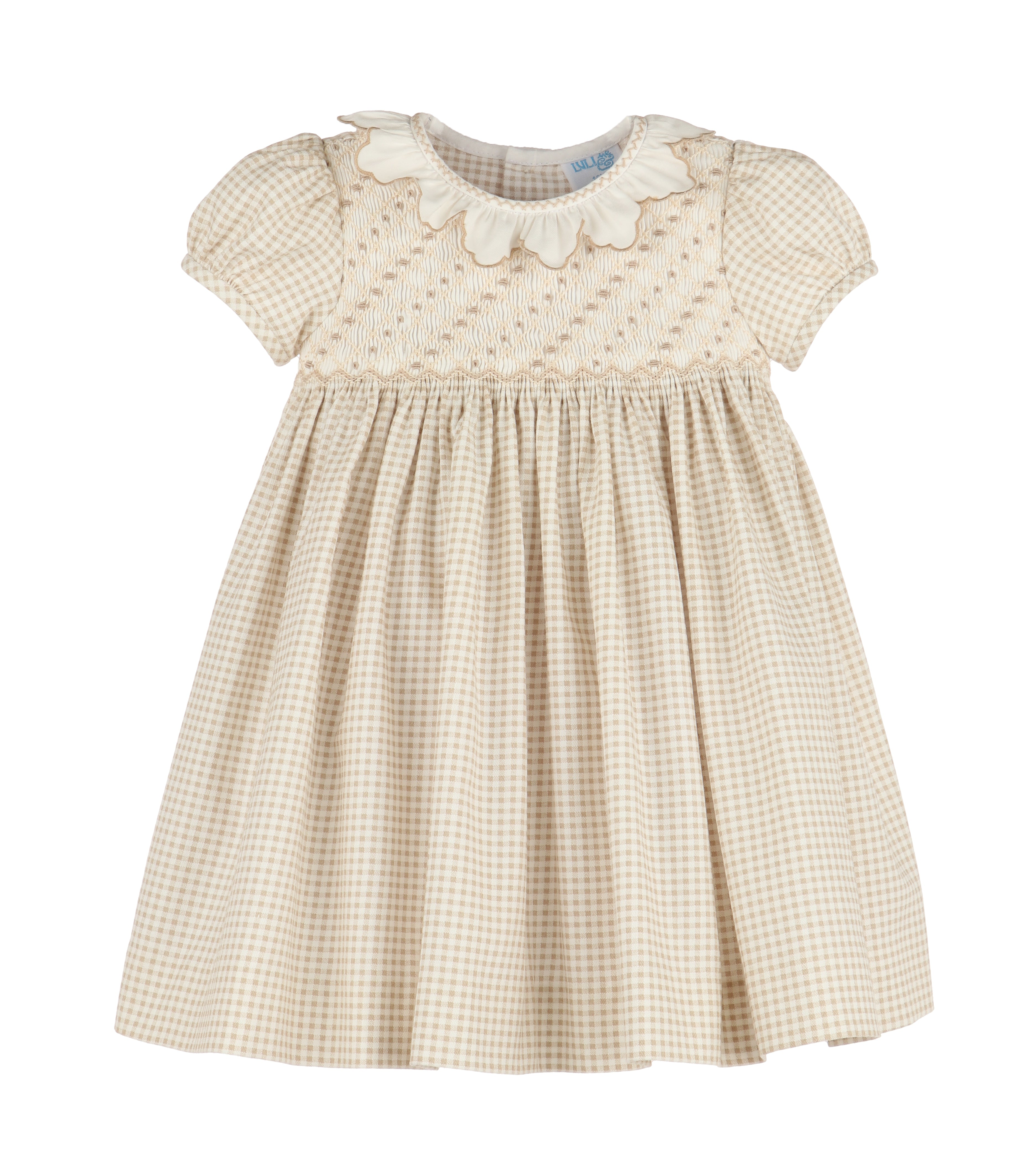 Beige Checked Smocked Dress