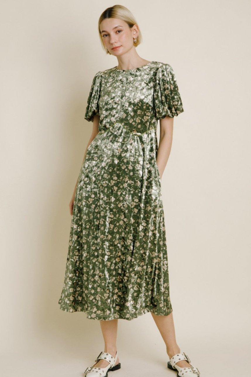 Juliet Olive Velvet Floral Dress