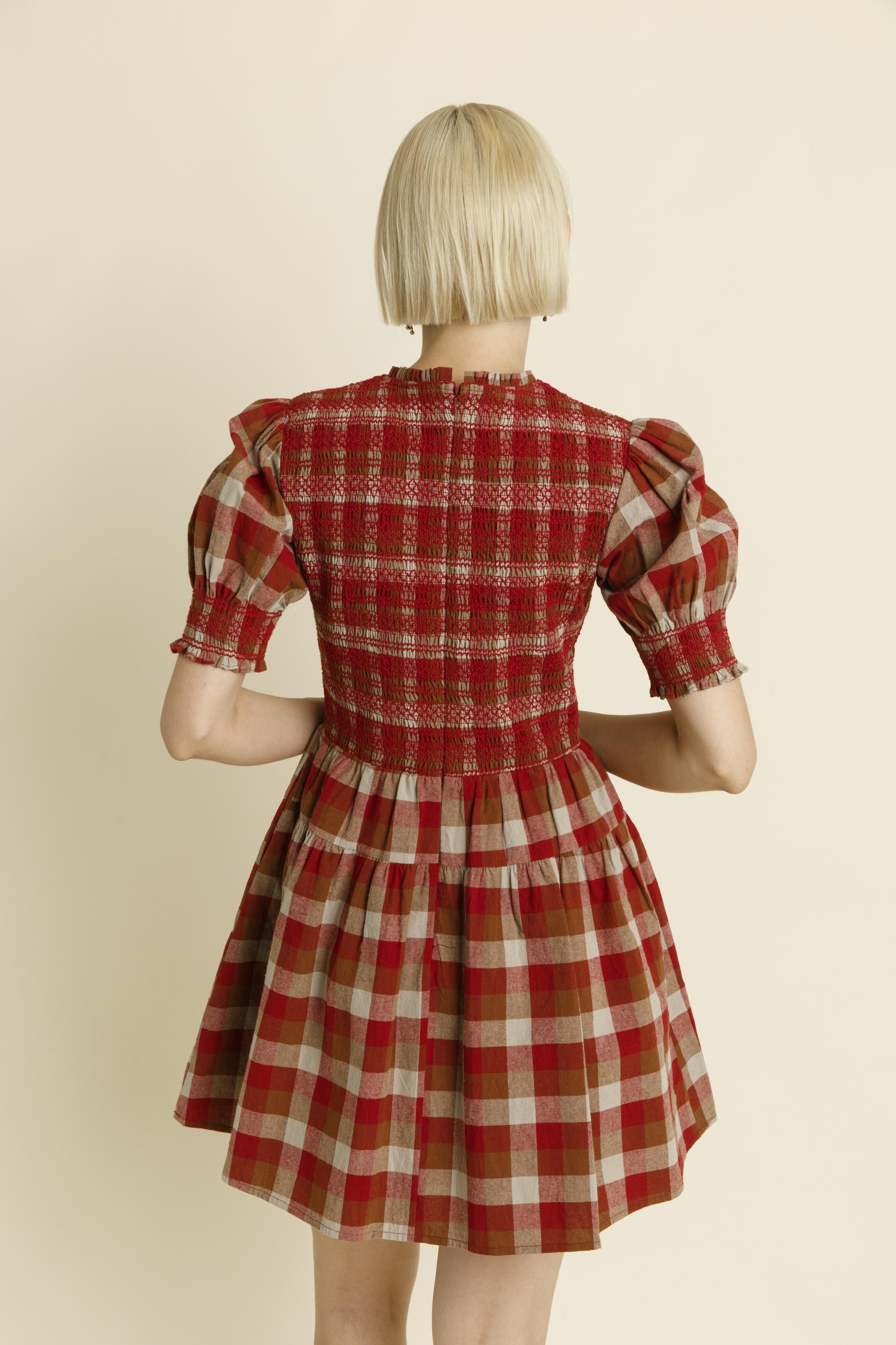 Red Plaid Smocked Mini Dress