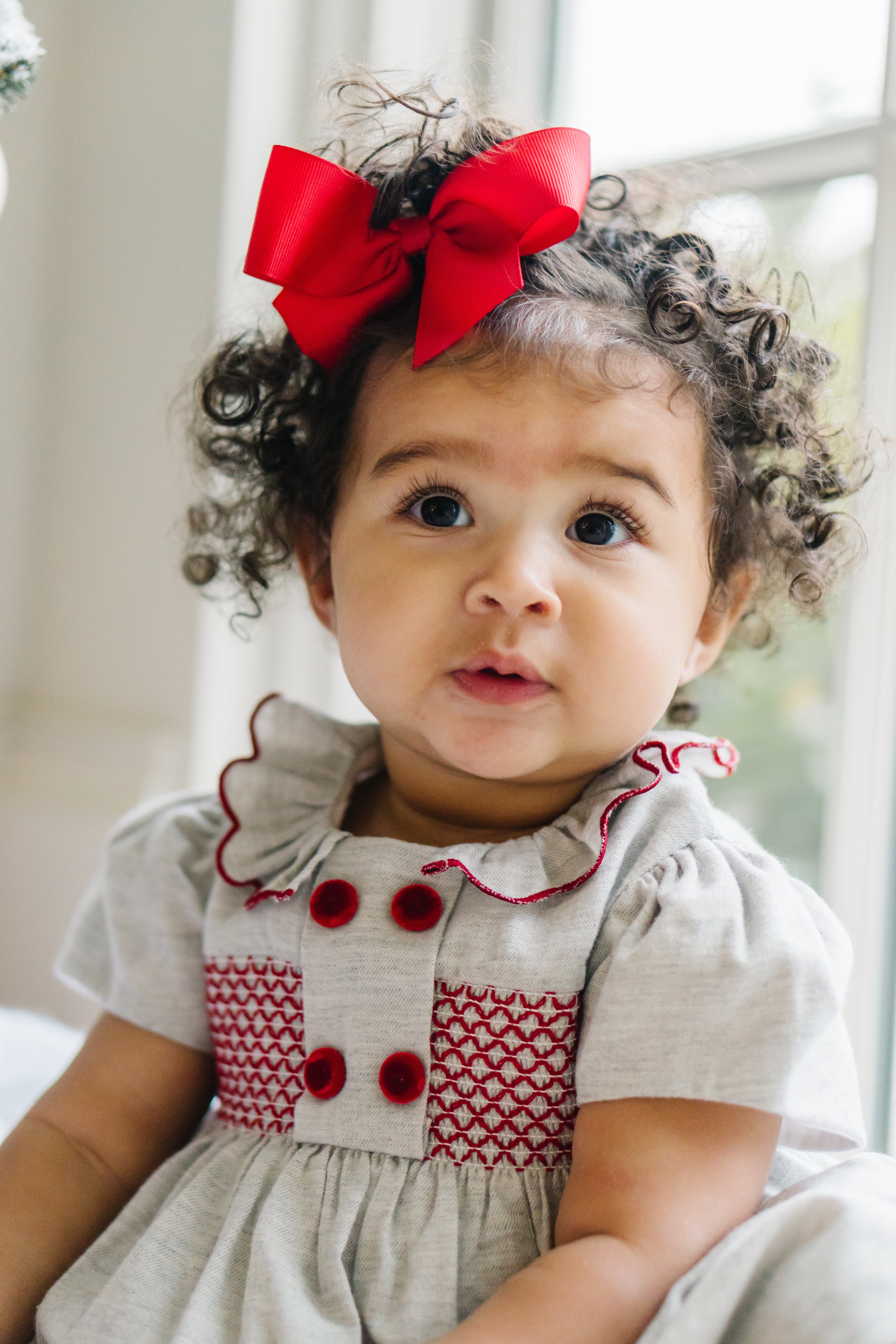 Grey Infant Dress With Red Smocking