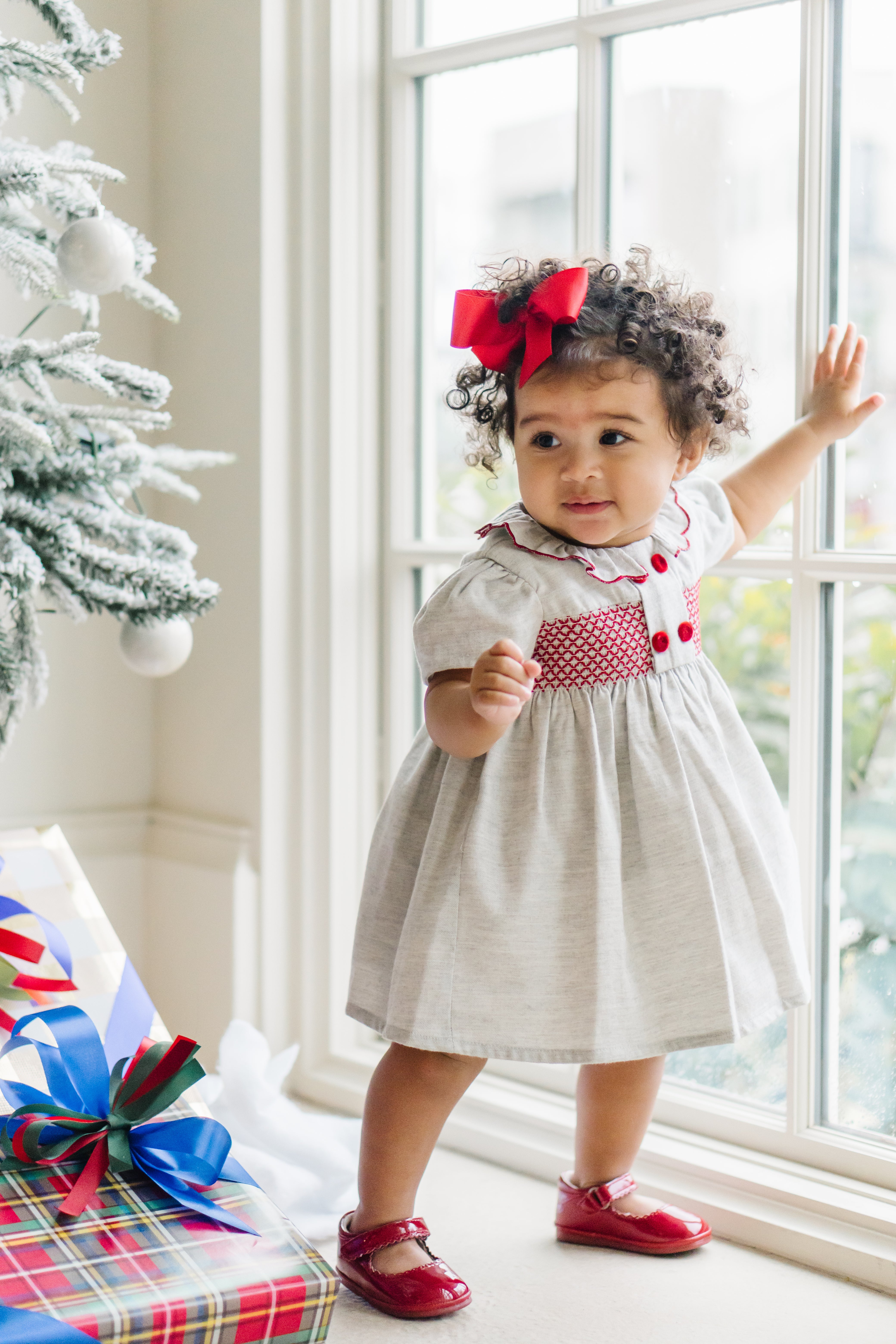 Grey Infant Dress With Red Smocking