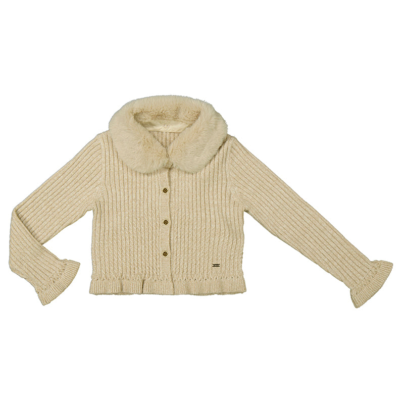 Beige Cardigan with Fur Collar