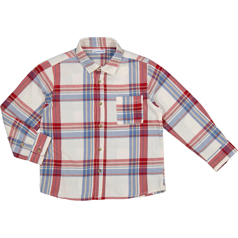 Red Blue Plaid on Cream Shirt