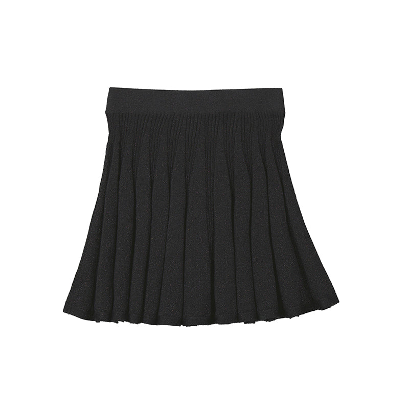 Black Metallic Knit Pleated Skirt