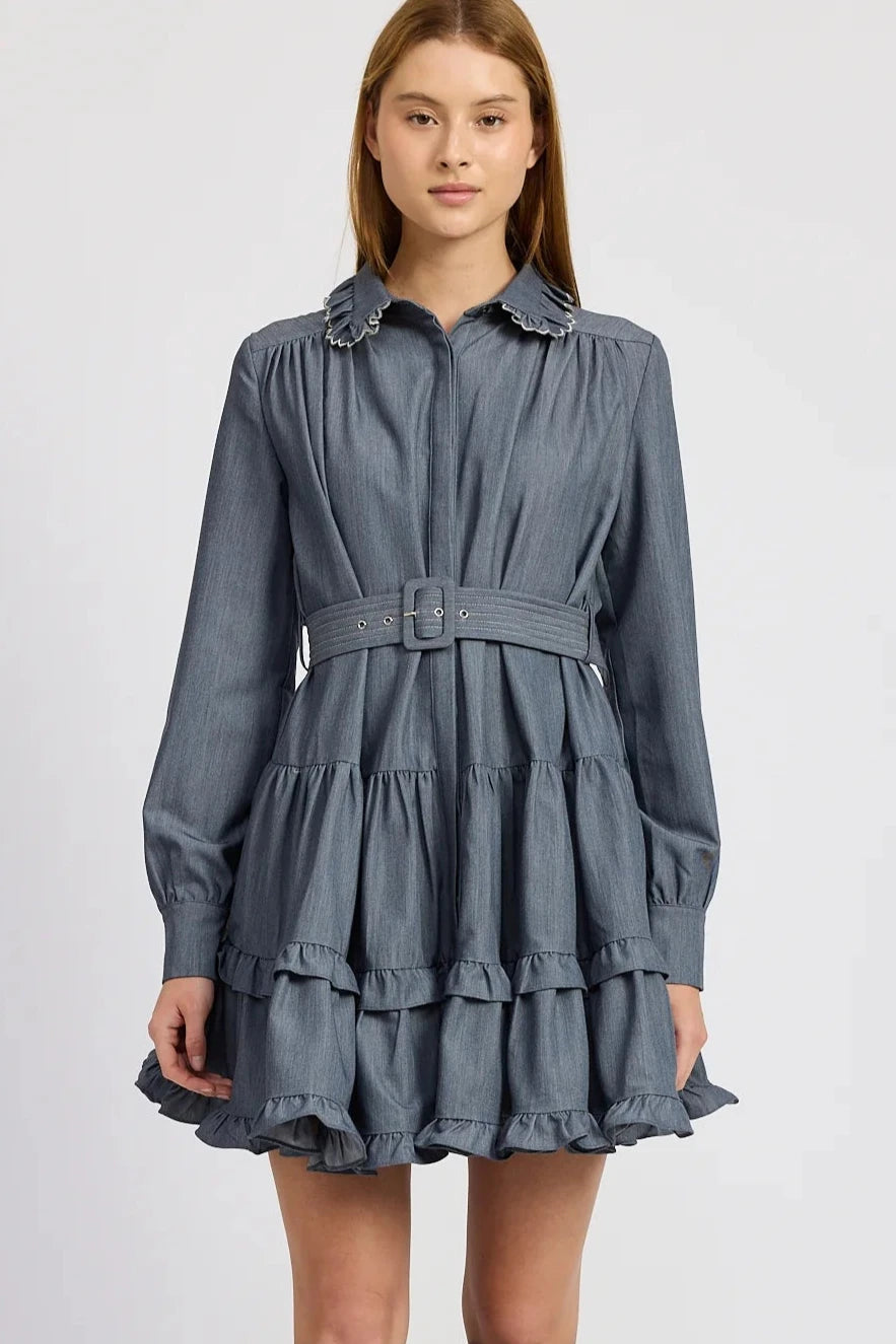 Angeline Chambray Ruffle Trim Mini Dress