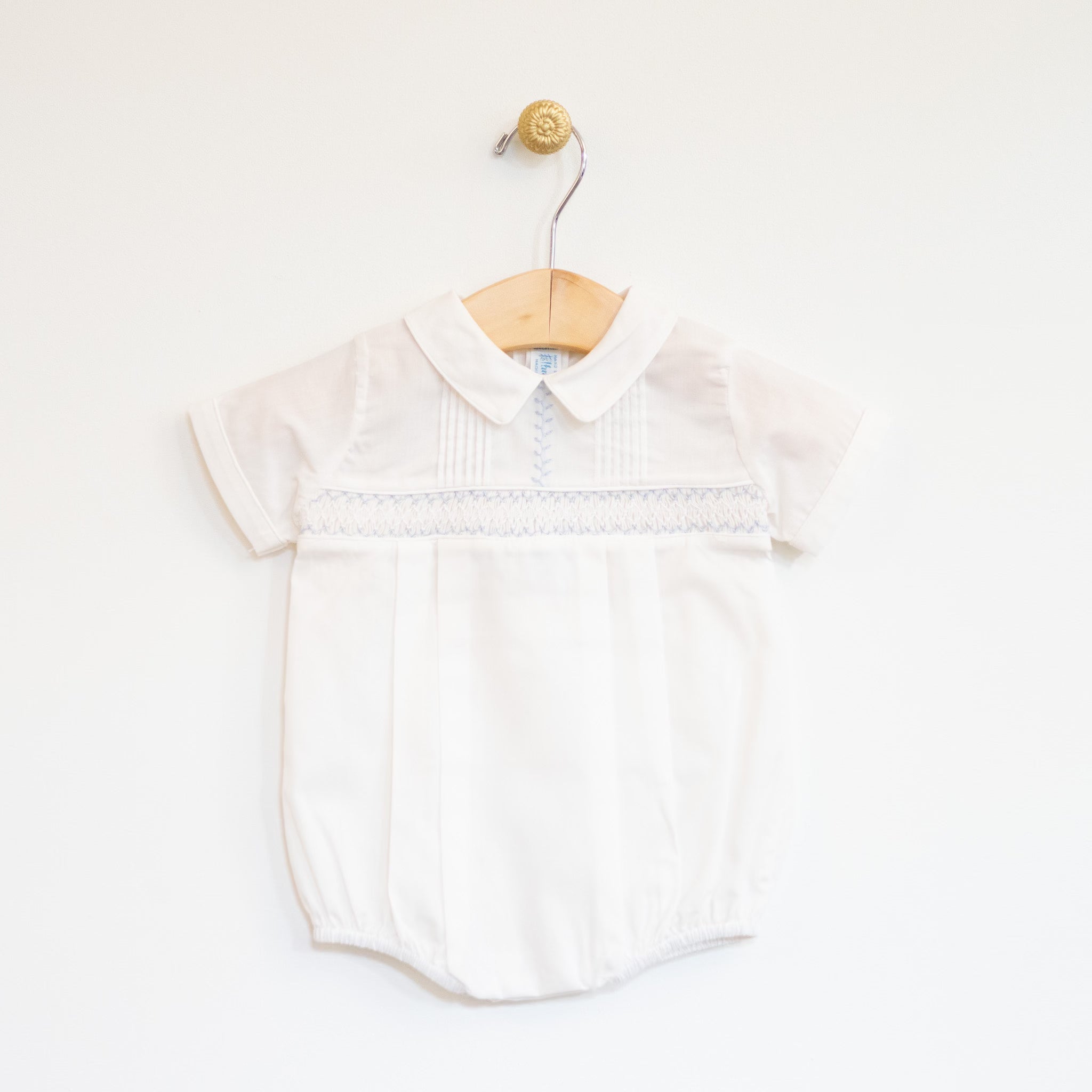 Ecru Vintage Newborn Romper Blue Embroidery