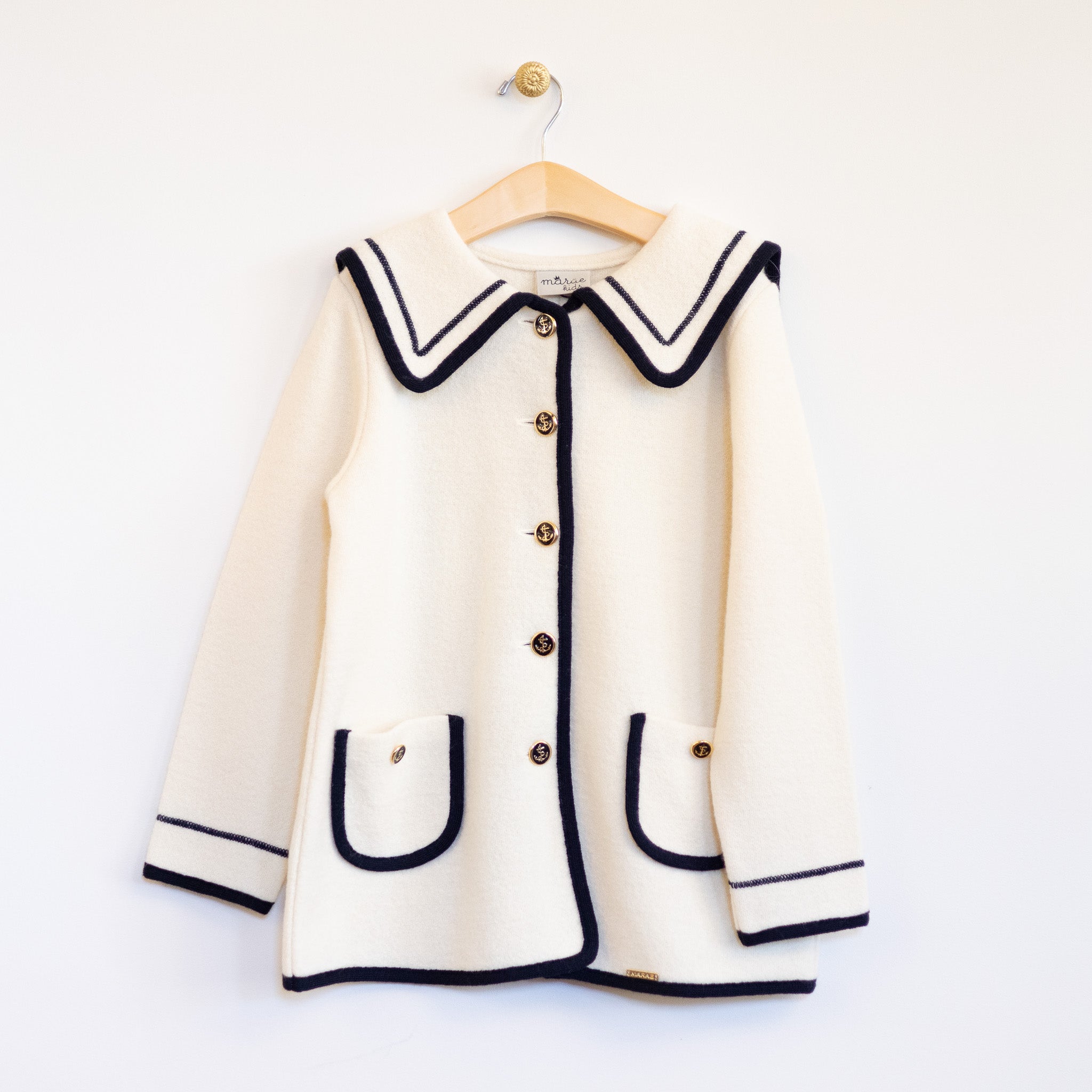 Cream with Navy trim Boiled Wool Coat