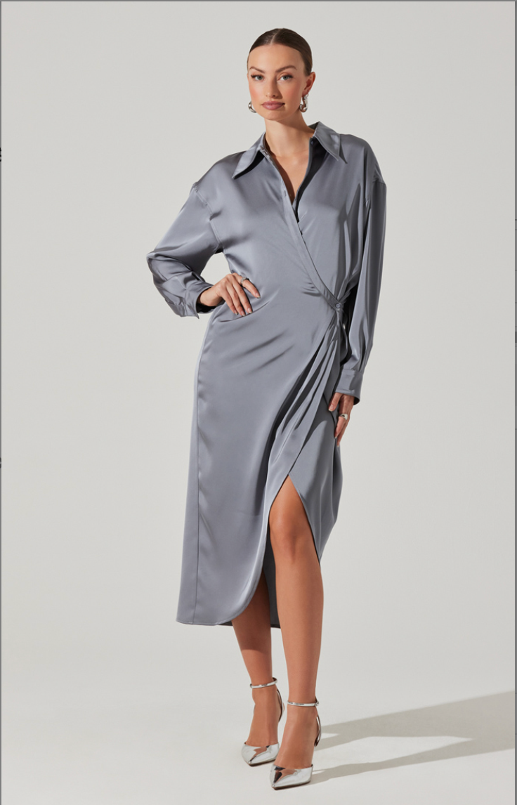 Ira Silvery Blue Saltin Aymetrical Shirtdress