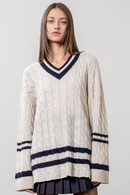 Vicki V-Neck Oatmeal Tennis Sweater