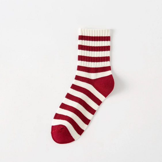 Dark Red Stripe Ribbed Short Sock