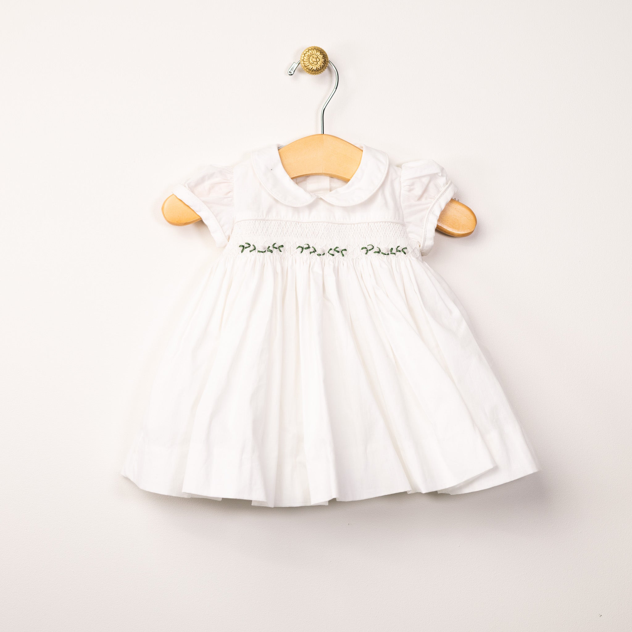 White Smocked Dress with Green leaf