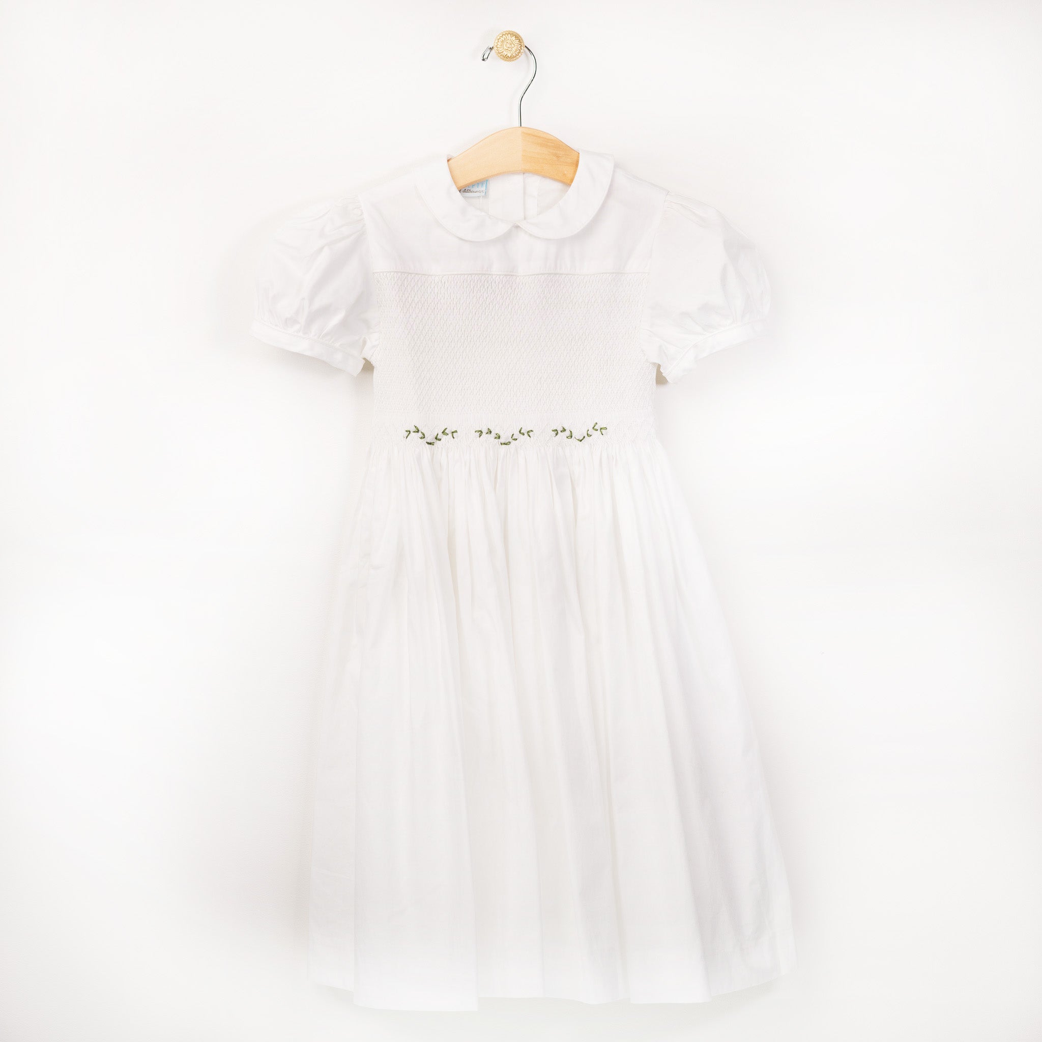 White Smocked Dress with Green Leaf